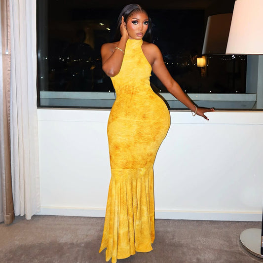 Yellow Backless Turtleneck Fishtail Dress: Slim Fit Sheath Maxi Gown