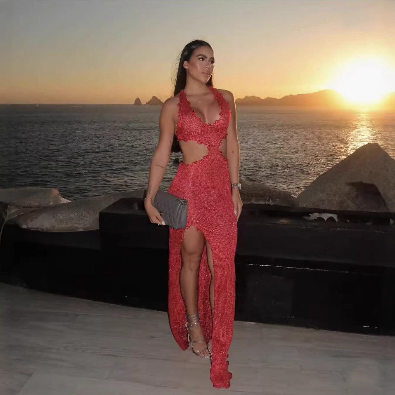 Boho Halter Maxi Dress - Deep V Backless Crochet Lace-Up Vacation Dress