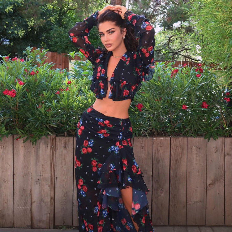 Women's Sexy Digital Print Skirt Suit: Long Sleeve Top & High Slit Skirt Set