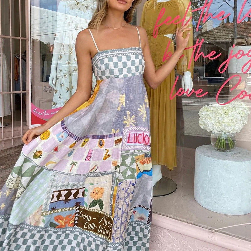 Geometric Print Spaghetti Strap Maxi Dress - High Waist A-Line Boho Vacation Dress