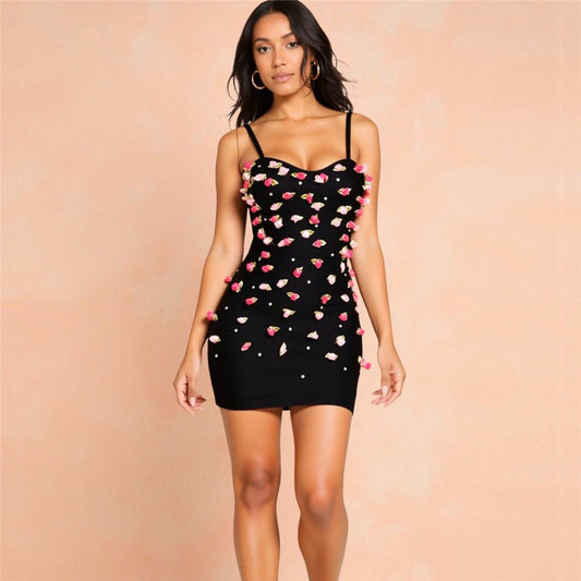 Black Rhinestone Bandage Mini Dress: Floral Embellished Bodycon Sling