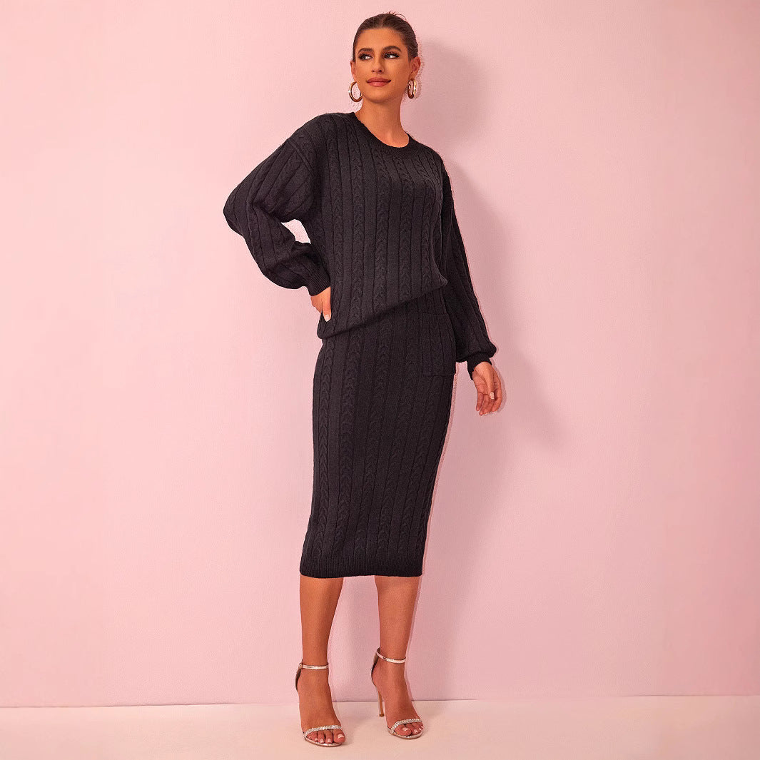Women’s Twist Stitch Sweater and Midi Skirt Set – Long Sleeve Crew Neck Sweater with Pockets