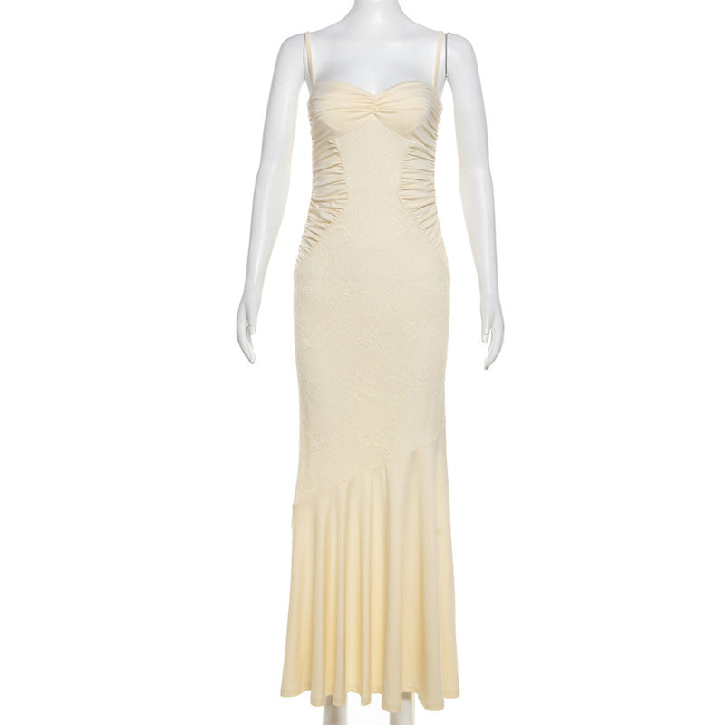 Elegant Lace Patchwork Cami Maxi Dress – Ruched V-Neck Bodycon Gown