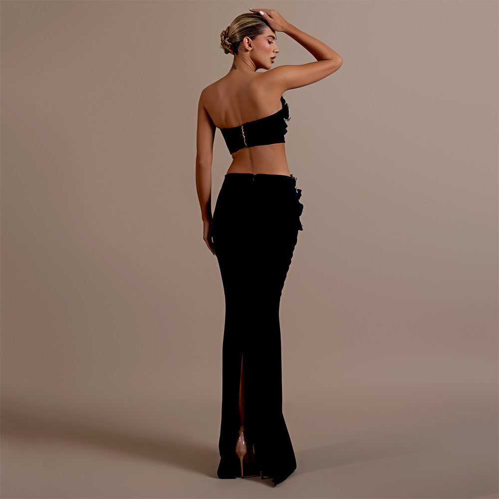 Floral Rhinestone Bandage Two Piece Set: Sexy Tube Top & High-Waist Long Skirt