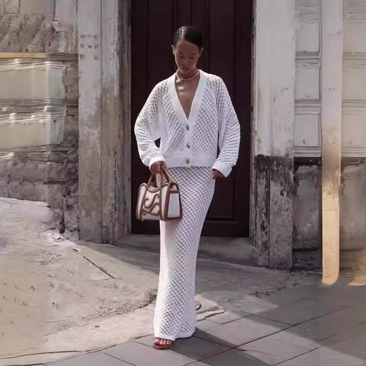 Elegant Pure White Hollow-Out V-Neck Two-Piece Midi Skirt Set for Women