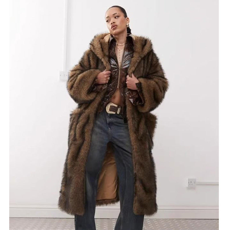 Dark Brown Faux Fur Hooded Trench Coat