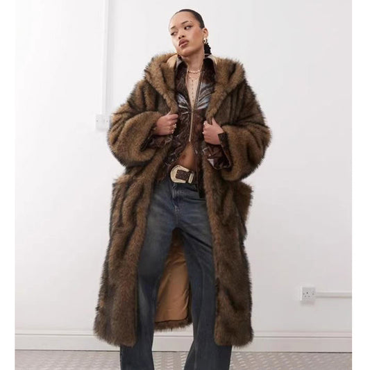 Dark Brown Faux Fur Hooded Trench Coat