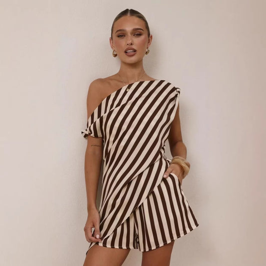 Summer Printed Shoulder Personal Casual Top Loose Shorts Two Piece Sets