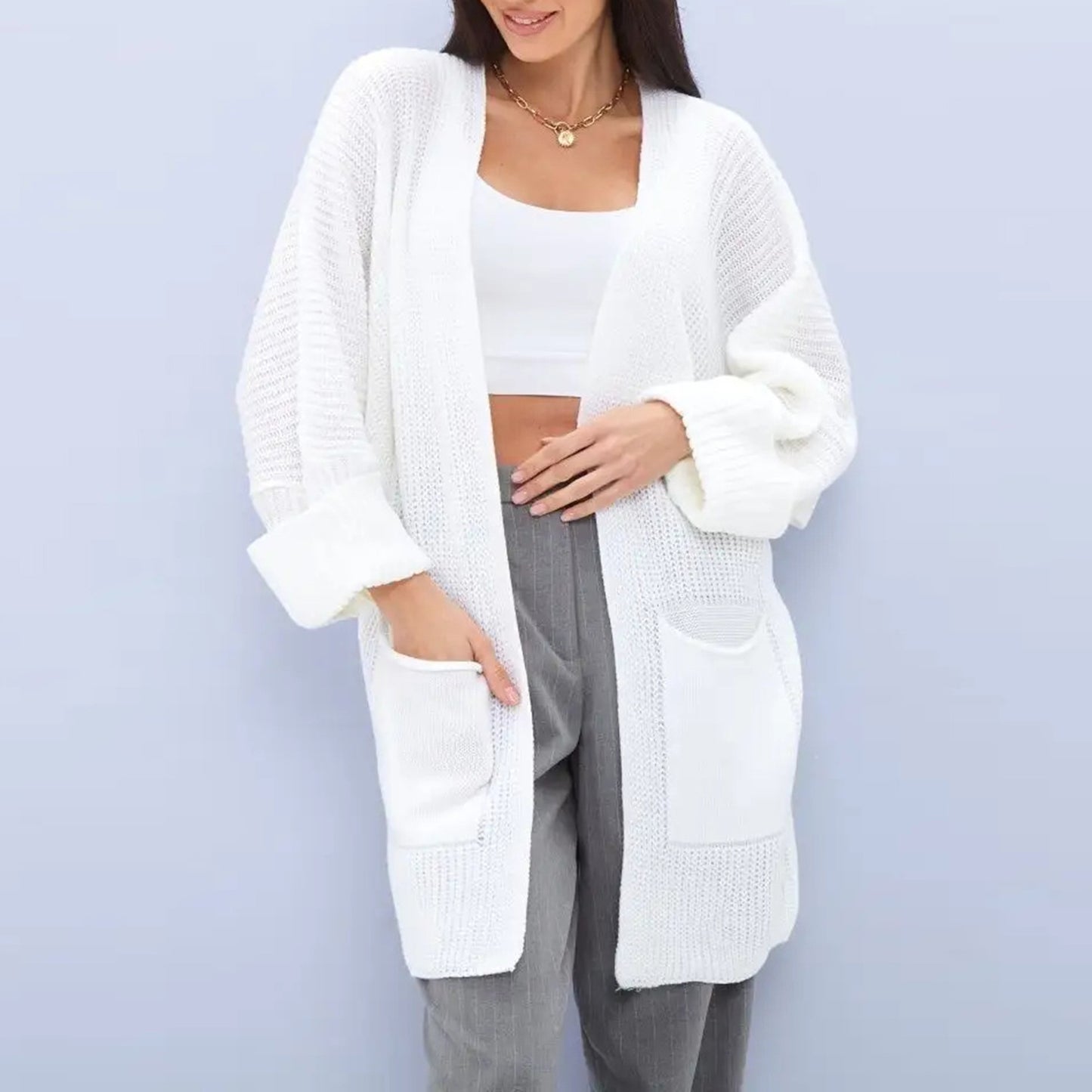 Loose Solid Color Batwing Sleeve Knitted Cardigan Sweater
