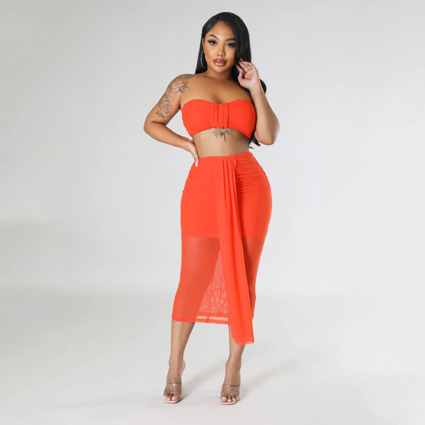 Diana's Sexy Mesh See Through Wrapped Chest Skirt Two Piece Set