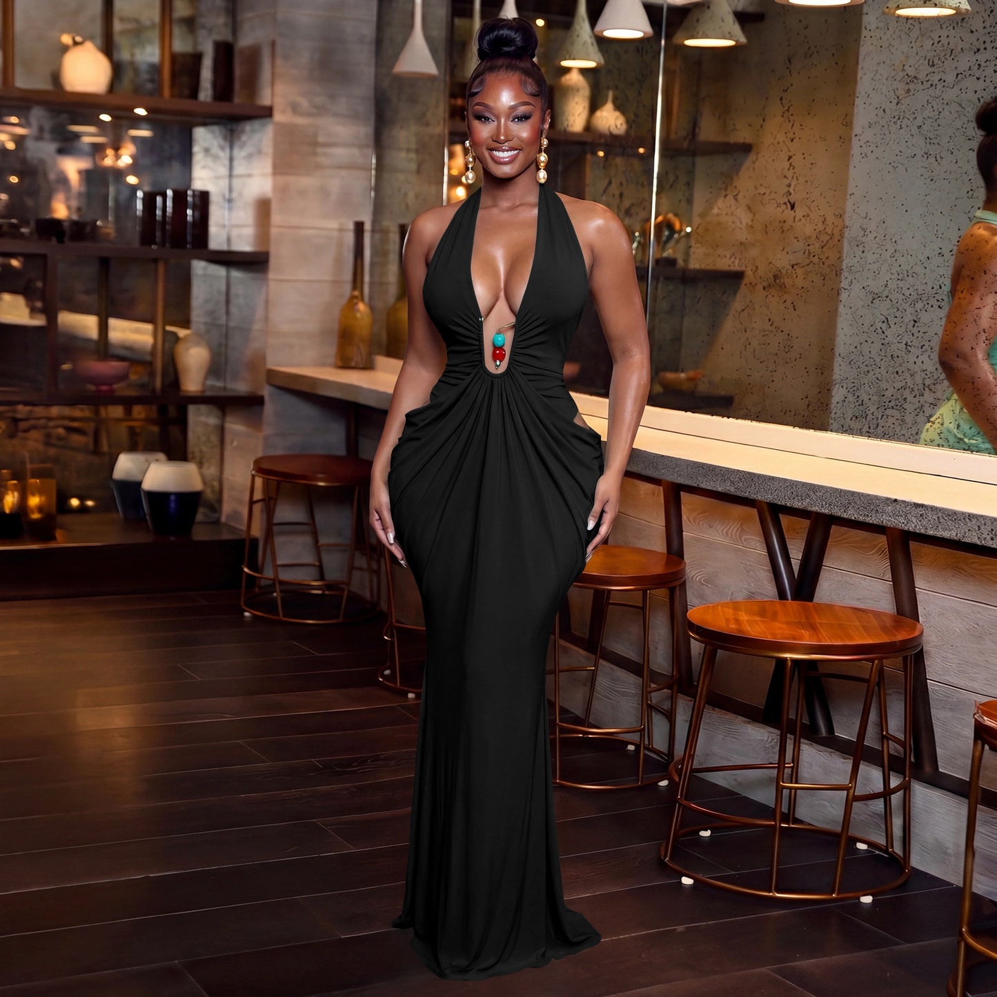 Women's Halter V-Neck Maxi Dress – Sexy Backless Lace-Up Ruched Bodycon Dress