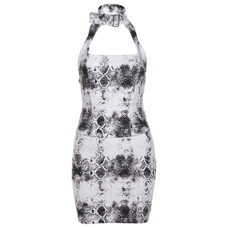 Summer Serpent: Personalized Snake Print Halter Backless Bodycon Dress for Women