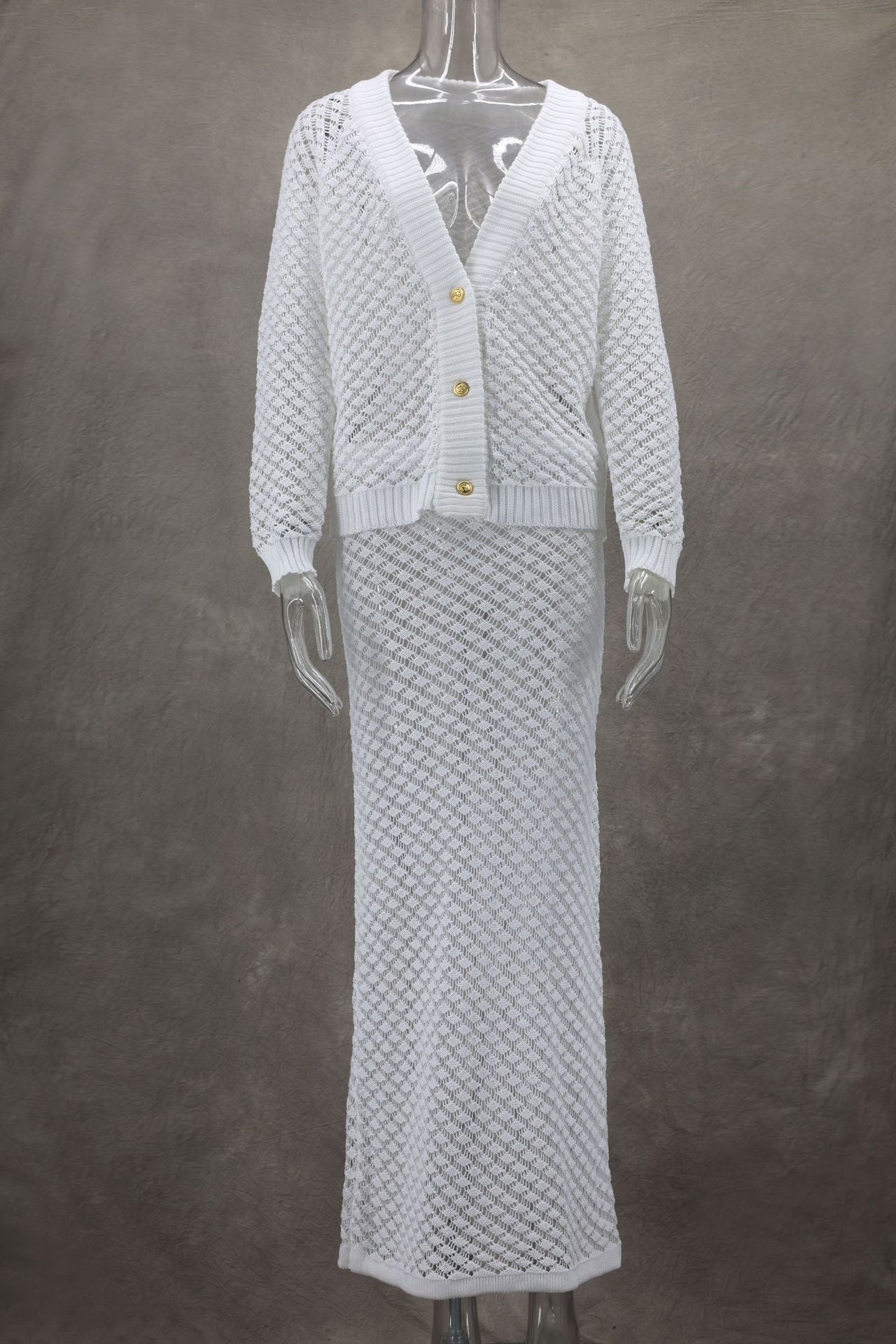 Elegant Pure White Hollow-Out V-Neck Two-Piece Midi Skirt Set for Women