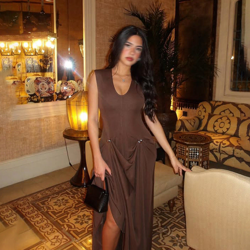 Brown Elegant Pleated V-Neck Maxi Dress