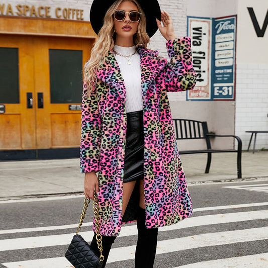 Casual Leopard Print Faux Fur Trench Coat: Square Collar Plush Longline Jacket