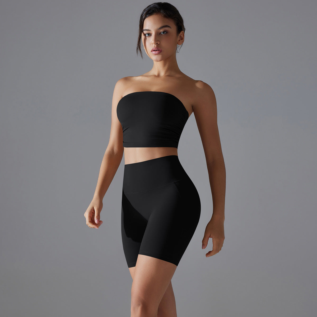One Piece Pleated Tube Top High Waist Yoga Set