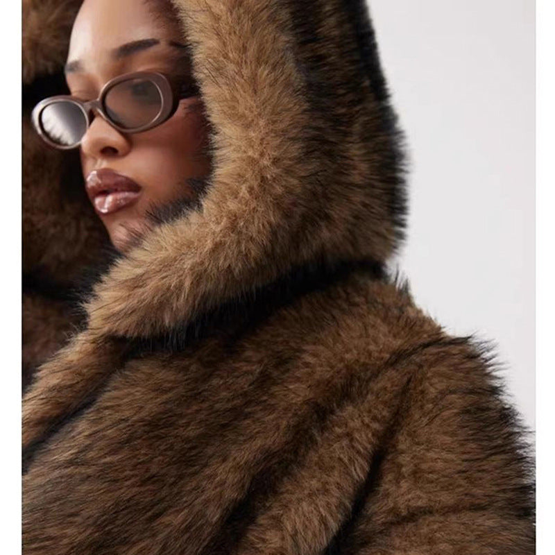 Dark Brown Faux Fur Hooded Trench Coat