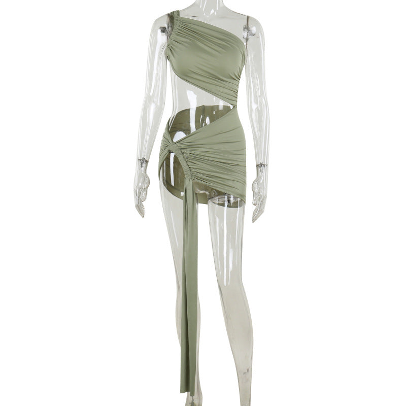 Sexy One-Shoulder Mesh Ribbon Maxi Dress – Asymmetric Ruched Design