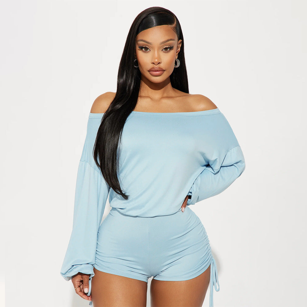Off-Shoulder Long Sleeve Pleated Jumpsuit: Stylish Drawstring Waist for Women's Casual Wear