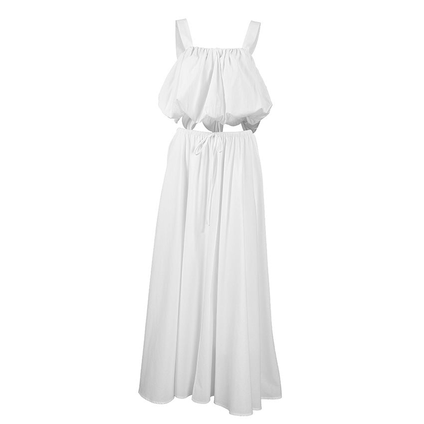 Cotton Square Neck Crop Vest & Maxi Skirt Two-Piece Set | Sleeveless Elegant Summer Set | White | Sizes S-L