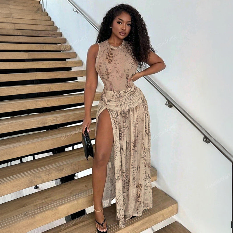 Light Gray Snake Print Jumpsuit & Maxi Slit Skirt Set - Mesh Ruched Twisted 2-Piece Set