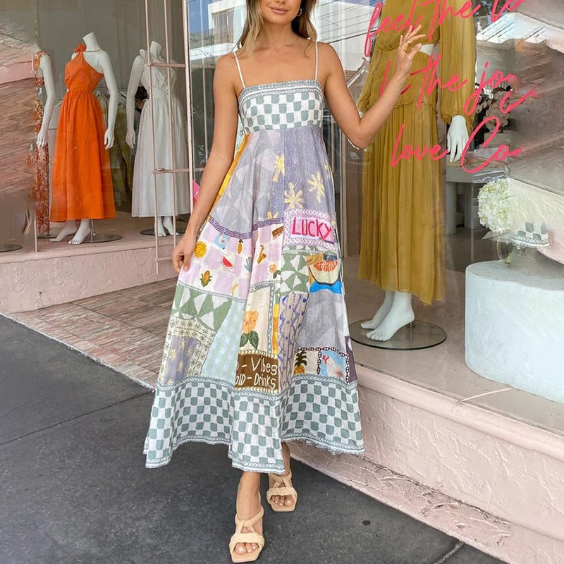 Geometric Print Spaghetti Strap Maxi Dress - High Waist A-Line Boho Vacation Dress