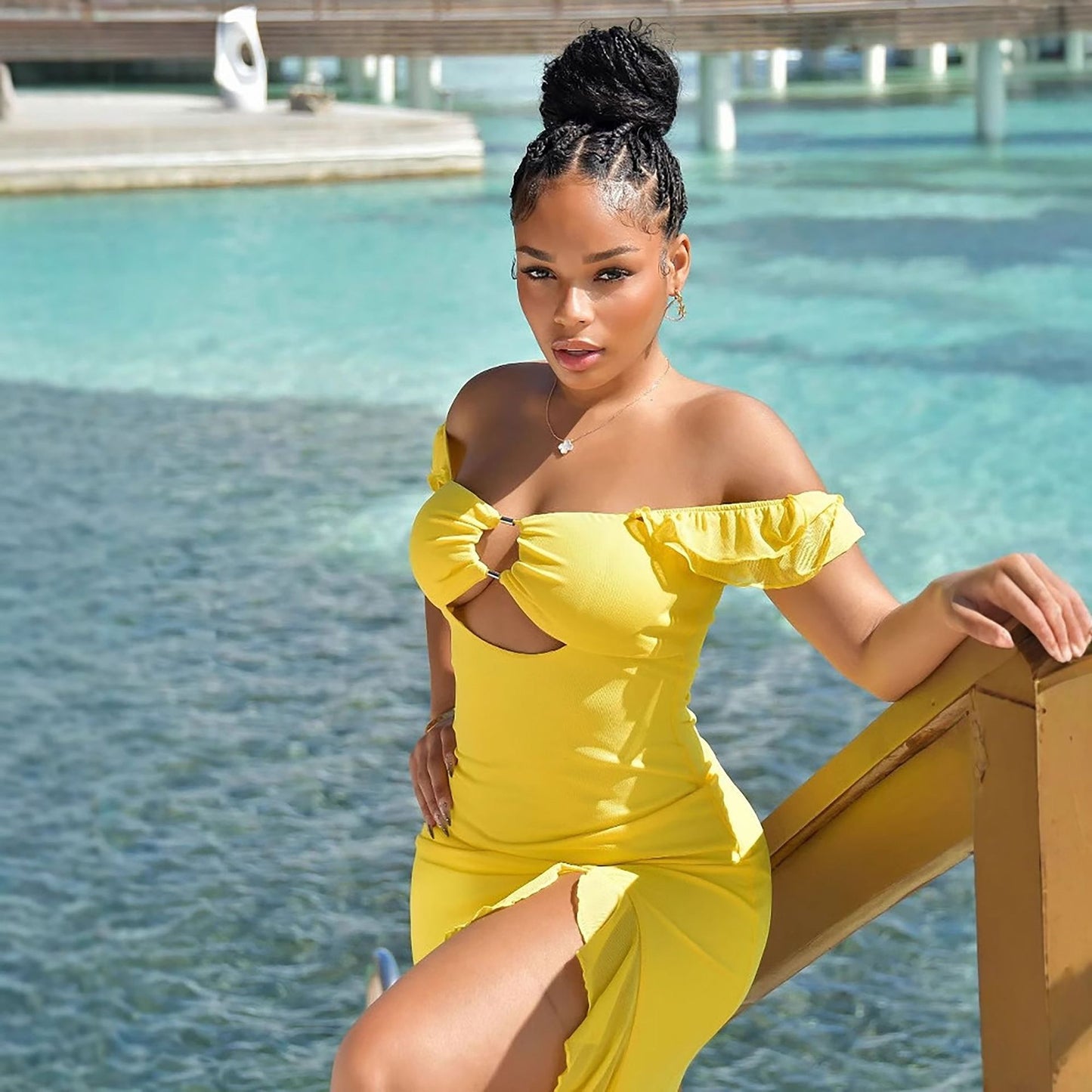 Yellow Off Shoulder Cutout Maxi Dress - Ruffle Ring Detail Party Dress
