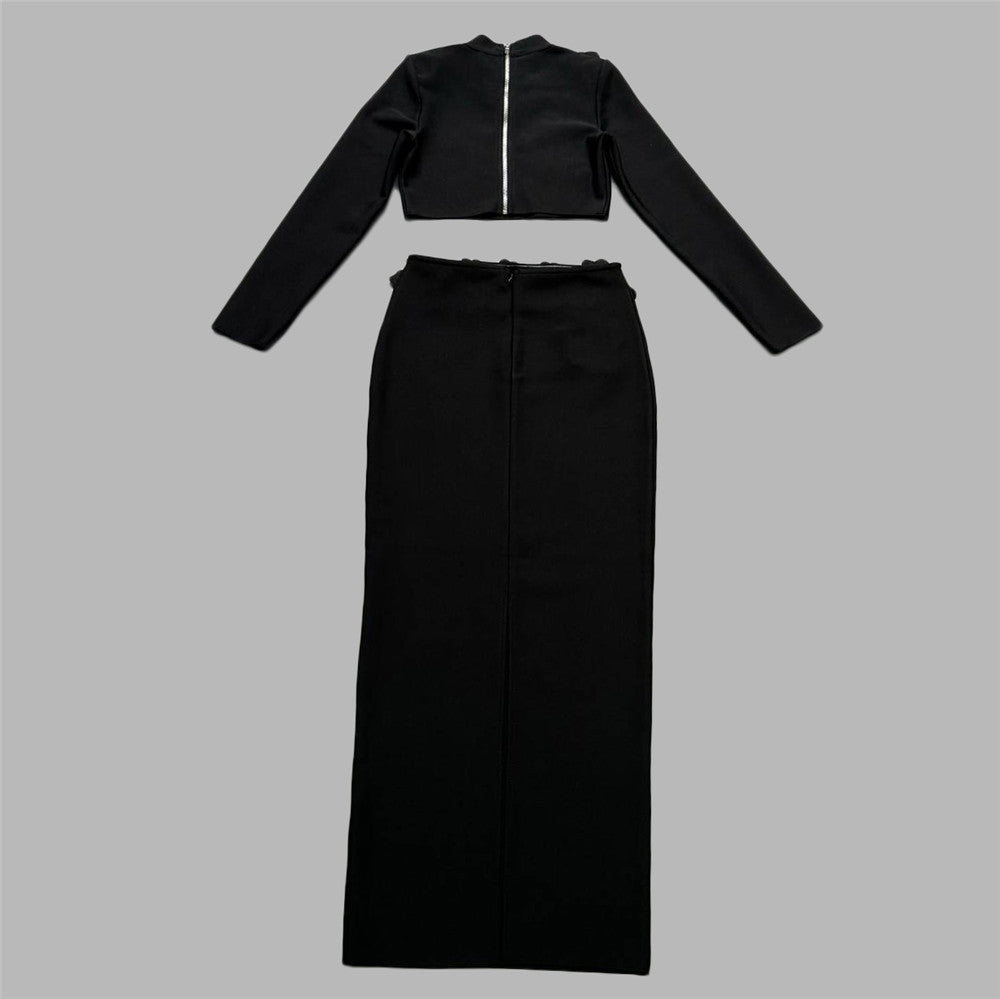 Luxury Black Half-Turtleneck Long Sleeve Bandage Skirt Set - Two Piece Bodycon