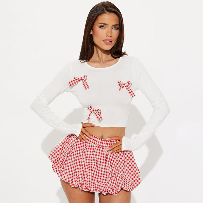 Plaid Bow-Decorated Two-Piece Set