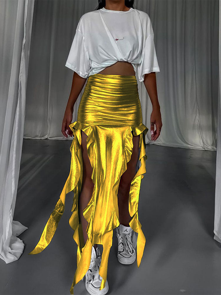 Lonye's Ribbon Tassel Reflective Faux Leather Fishtail Skirt
