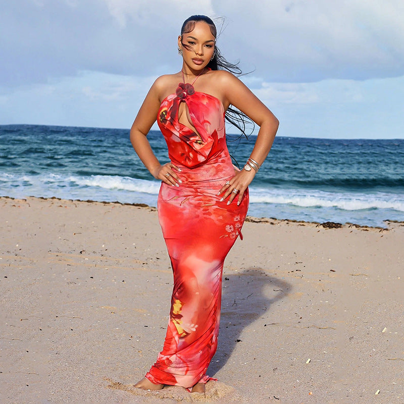 Red Floral Halter Maxi Dress - Backless Cutout Tie-Up Vacation Dress