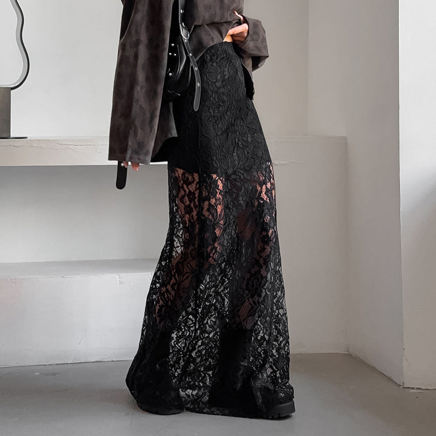 Retro Black Lace See-Through Midi Skirt