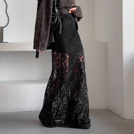 Retro Black Lace See-Through Midi Skirt