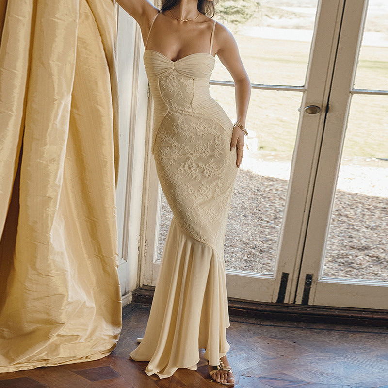Elegant Lace Patchwork Cami Maxi Dress – Ruched V-Neck Bodycon Gown