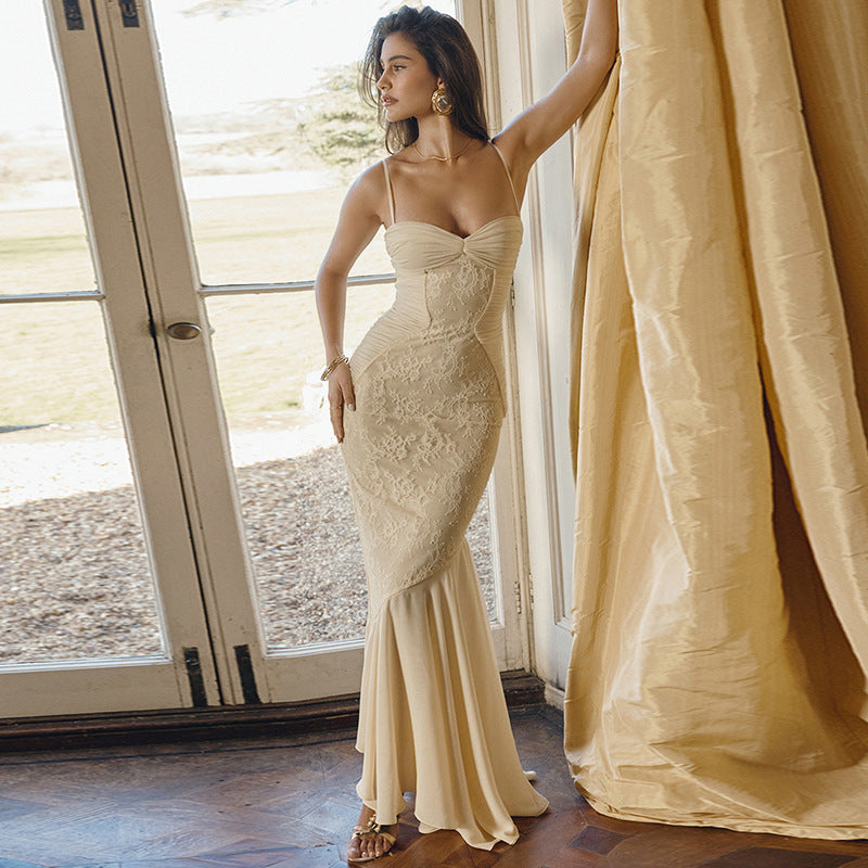 Elegant Lace Patchwork Cami Maxi Dress – Ruched V-Neck Bodycon Gown