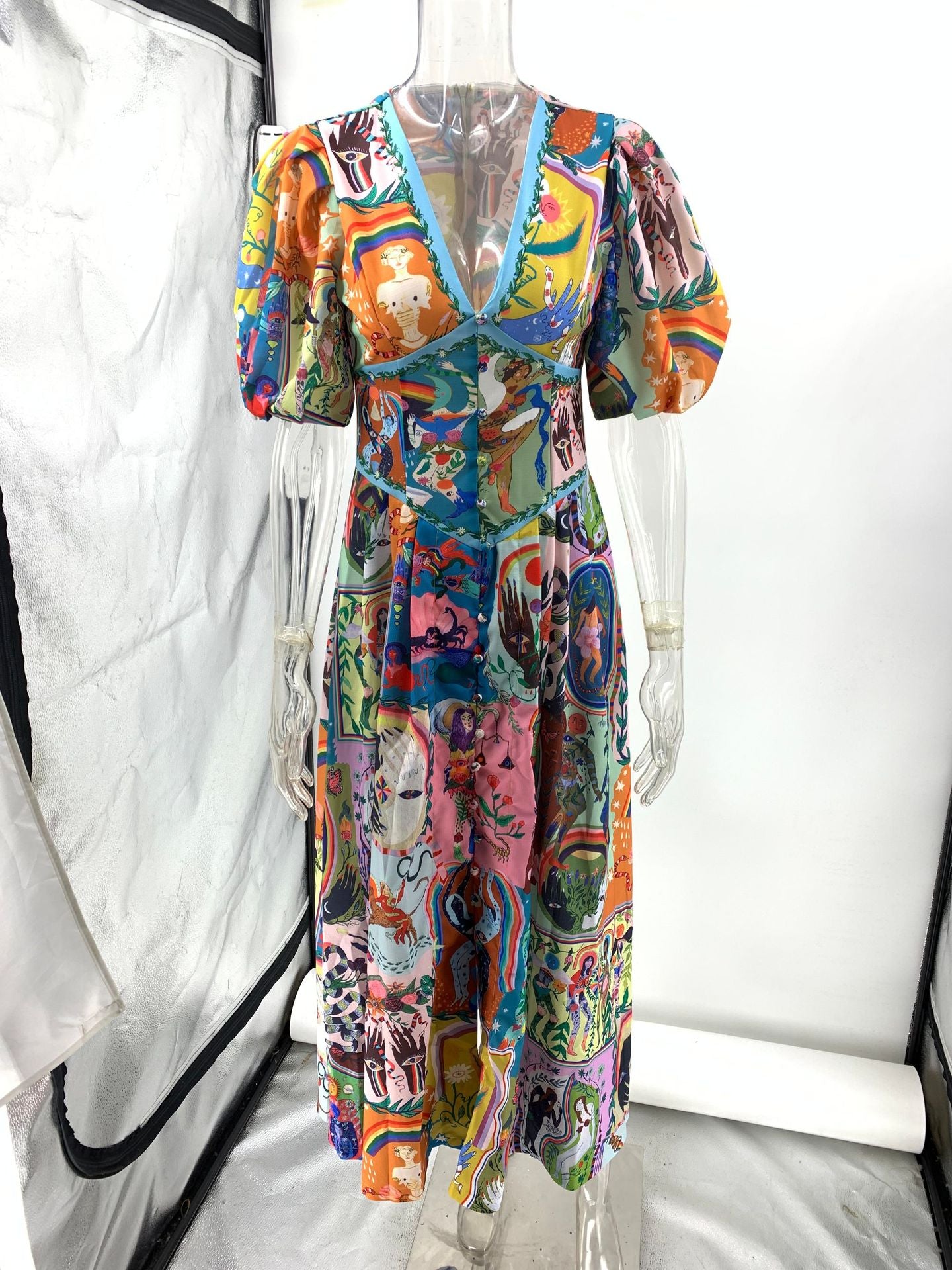 Casual Elegant Cotton Linen Printed Swing Dress: Pullover Short Sleeve V-neck Style