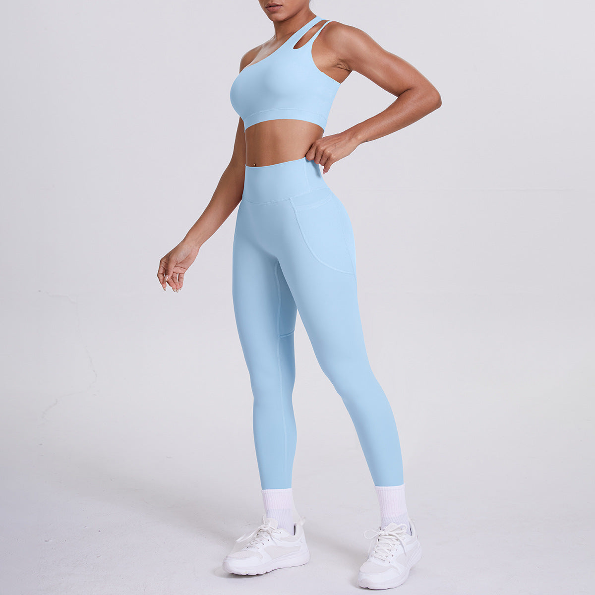 One Shoulder Cutout Yoga Bra & Pocket Pants Set | Asymmetric Sports Activewear Set | 10 Colors | Sizes S-XL