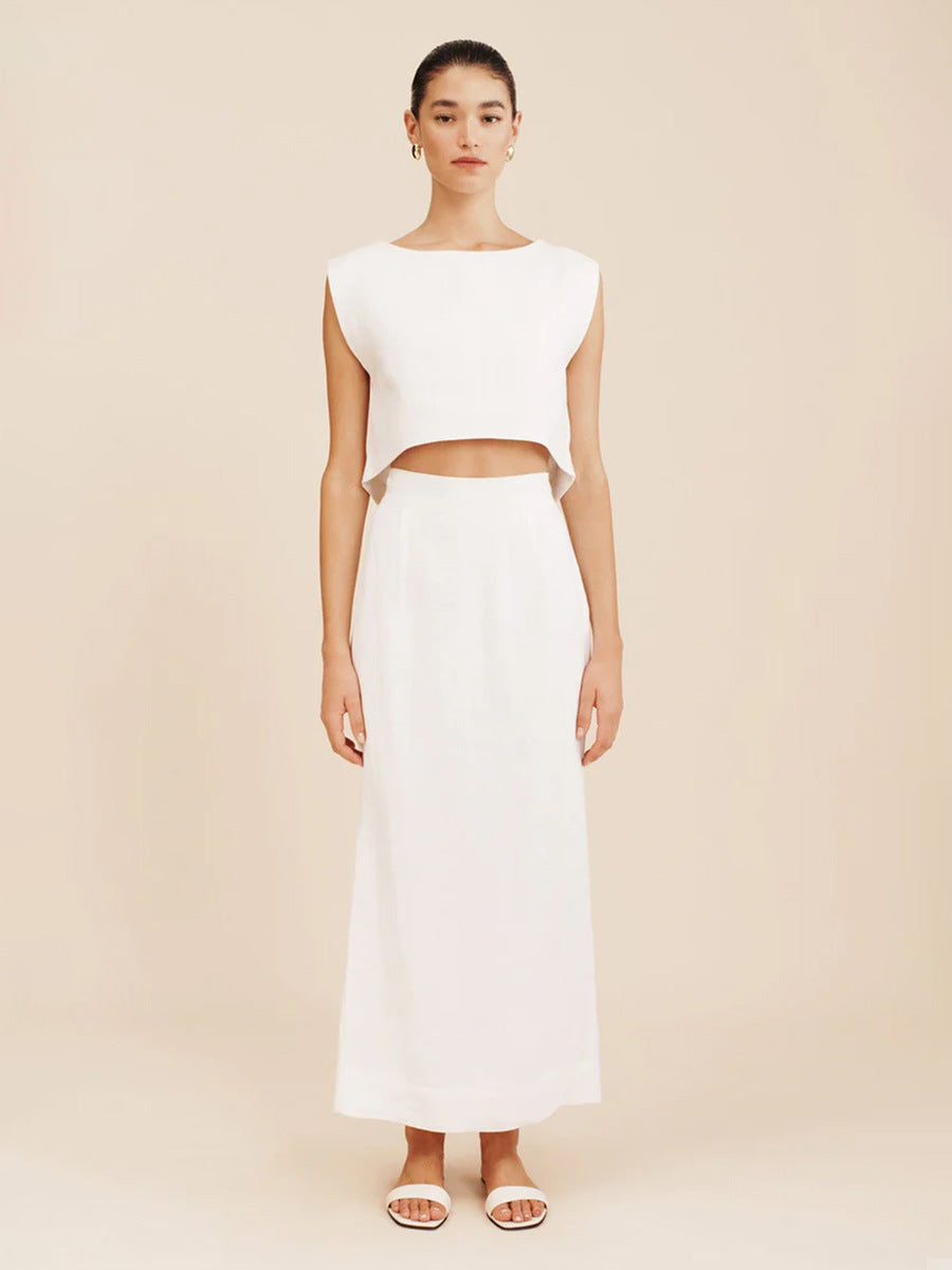 Elegant Sleeveless Two-Piece Skirt Set – High-Rise Maxi Skirt & Crew Neck Vest Top