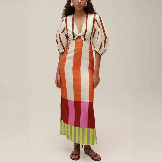 Summer Sexy Maxi Dress - Printed V-Neck with Split & Twisted Details