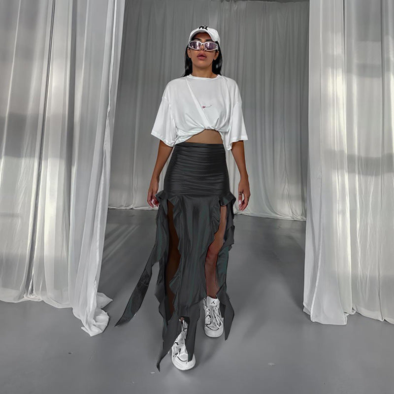 Lonye's Ribbon Tassel Reflective Faux Leather Fishtail Skirt