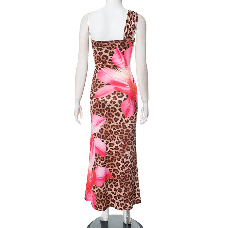 Sexy Leopard Print One-Shoulder Maxi Dress – Asymmetric Cutout Bodycon Gown