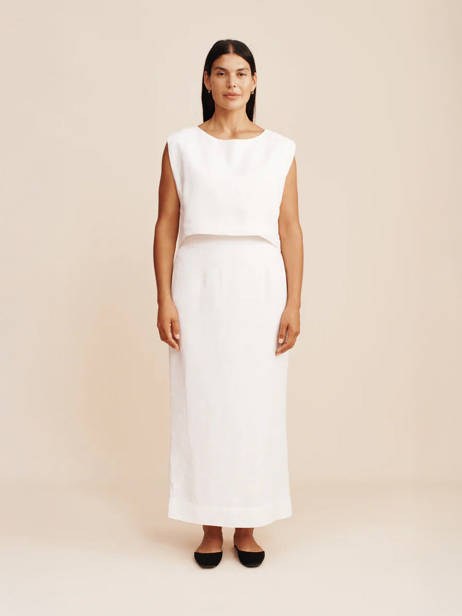Elegant Sleeveless Two-Piece Skirt Set – High-Rise Maxi Skirt & Crew Neck Vest Top