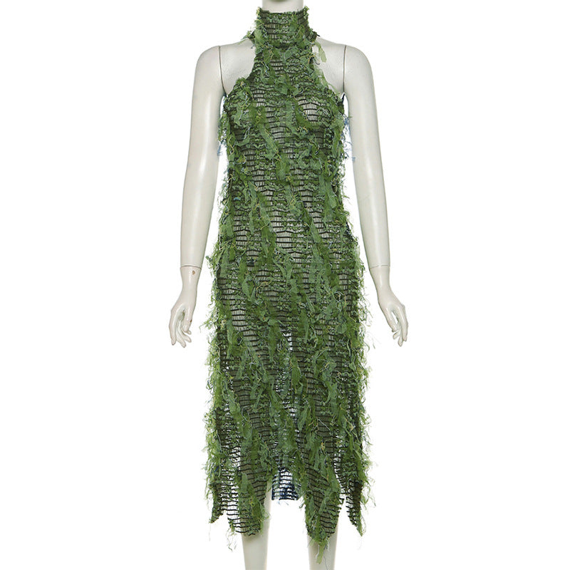 Poison Ivy's Turtleneck Sleeveless Tassel Maxi Dress