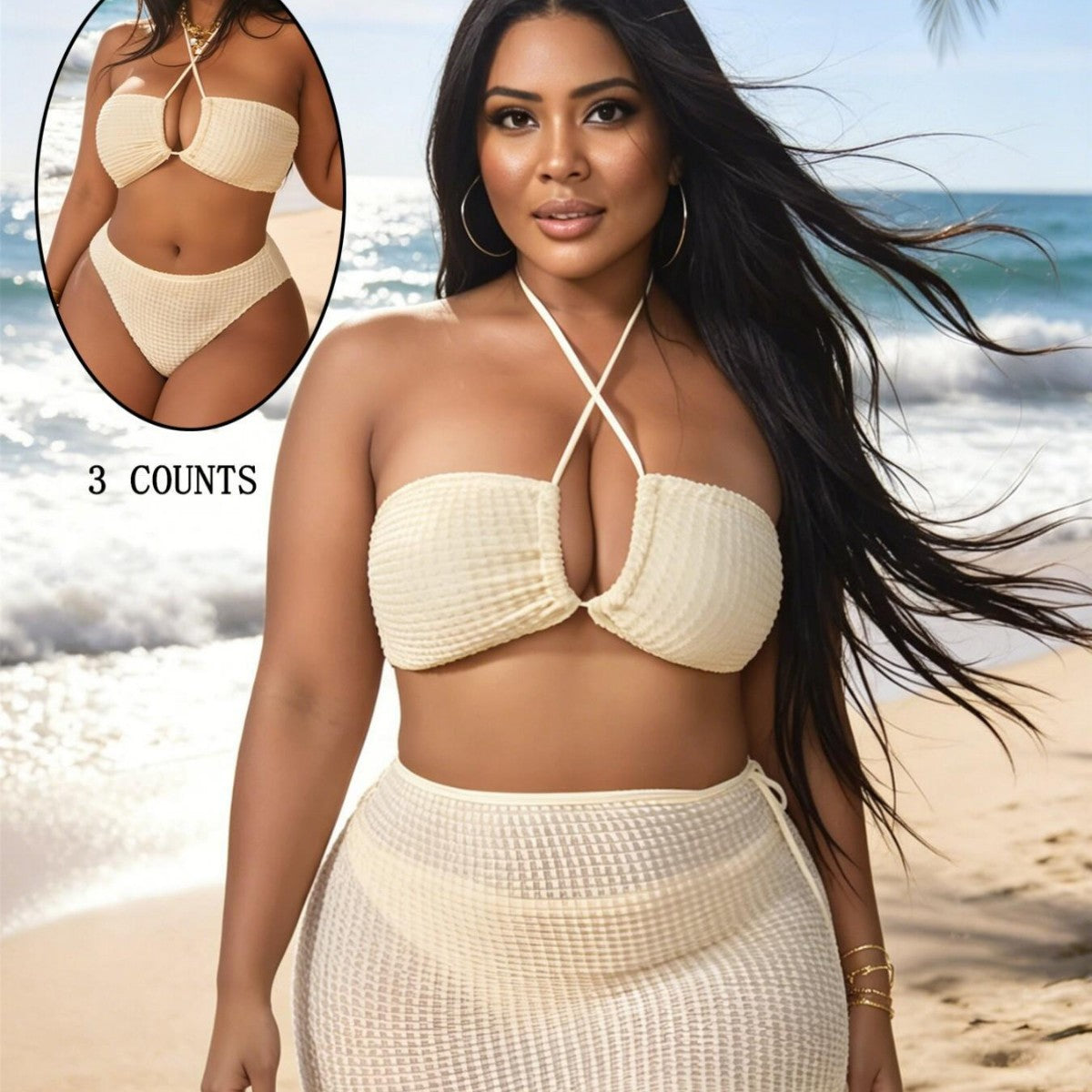 Plus Size Cross Halter Tie Bikini & Overskirt Three-Piece Set | Boho Beach Swimsuit | Ivory | Sizes 0XL-4XL