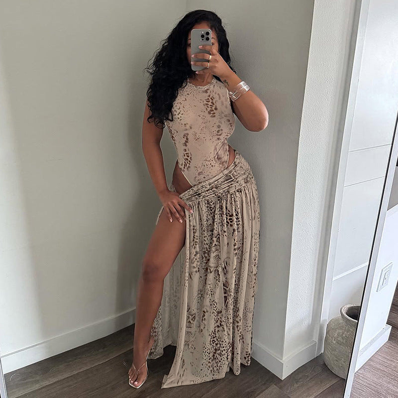 Light Gray Snake Print Jumpsuit & Maxi Slit Skirt Set - Mesh Ruched Twisted 2-Piece Set