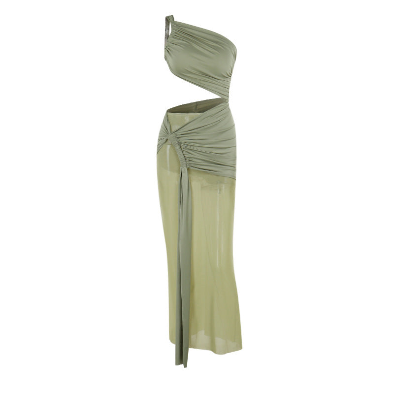 Sexy One-Shoulder Mesh Ribbon Maxi Dress – Asymmetric Ruched Design