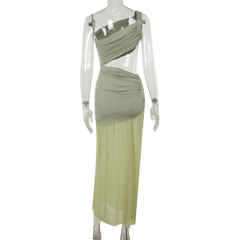 Sexy One-Shoulder Mesh Ribbon Maxi Dress – Asymmetric Ruched Design