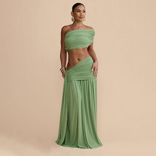 Two Piece Skirt Set - One Shoulder Crop Top & Ruched Maxi Skirt with Ribbon