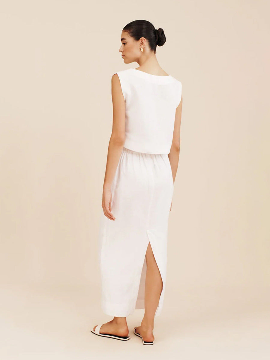 Elegant Sleeveless Two-Piece Skirt Set – High-Rise Maxi Skirt & Crew Neck Vest Top