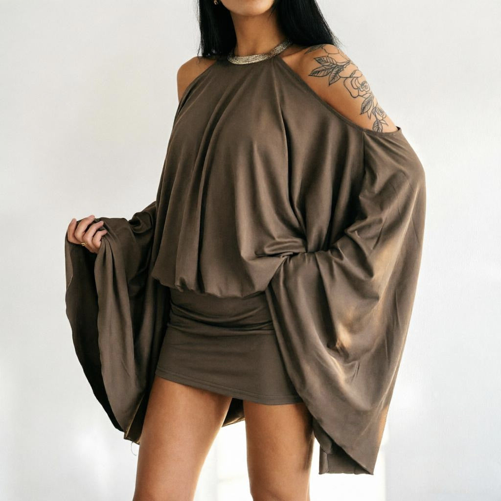 Brown Off-Shoulder Batwing Mini Dress | Backless Asymmetric Cutout | London's Closet London's Closet Boutique Brown Off-Shoulder Batwing Mini Dress | Backless Asymmetric Cutout | London's Closet London's Closet Boutique